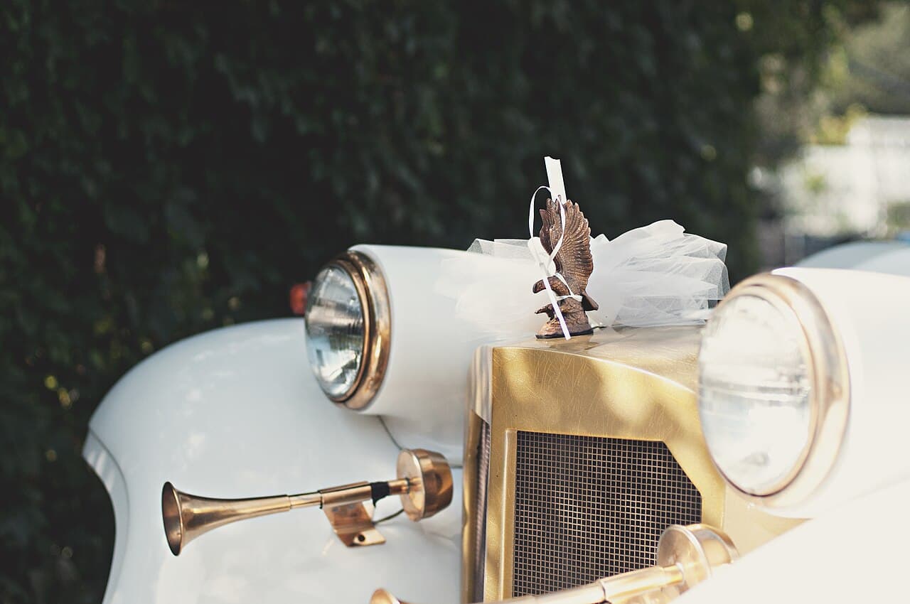 Vintage car decorated for a wedding
