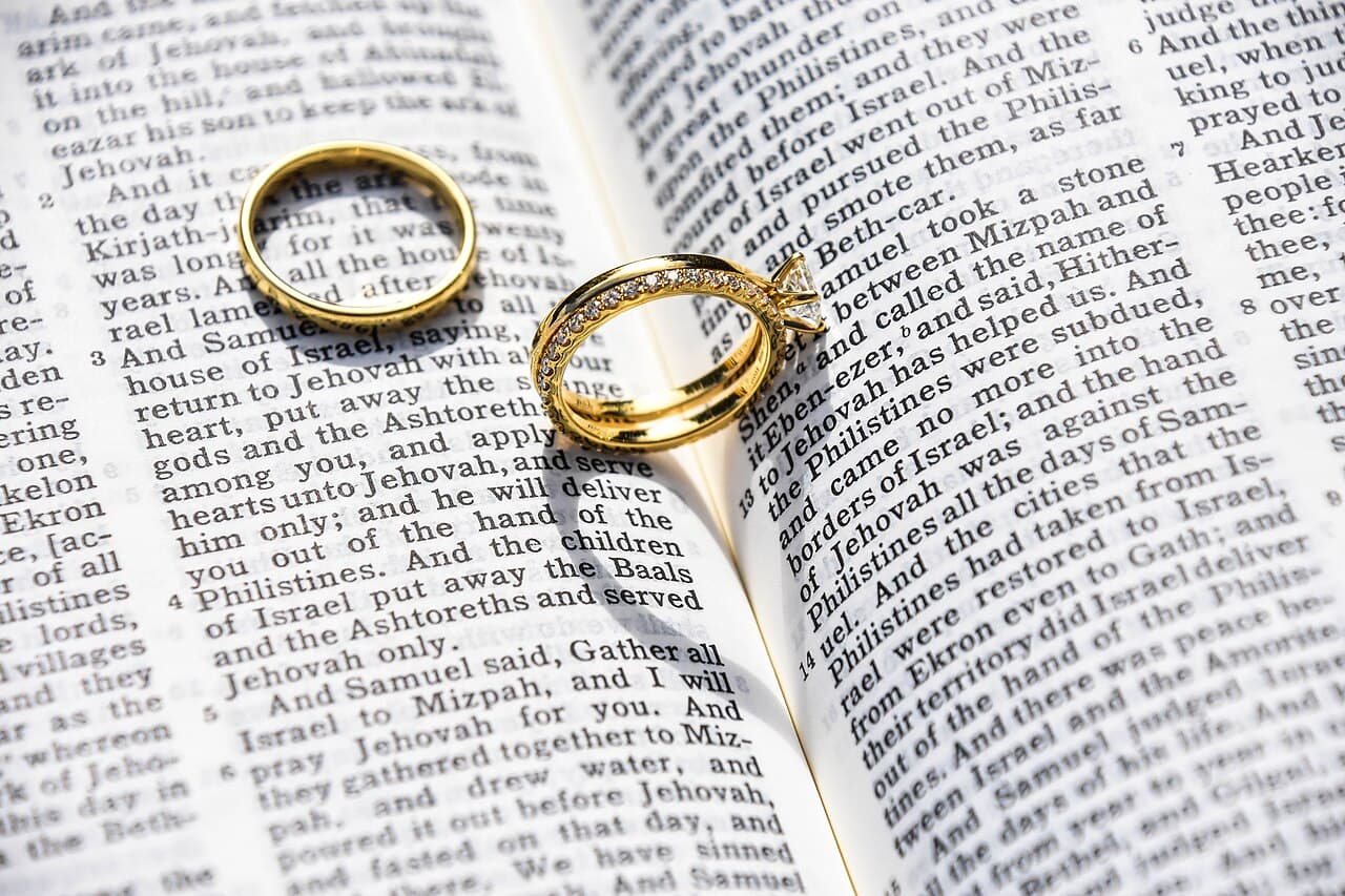 Two gold wedding rings resting on an open book